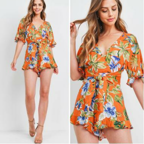 SKYLAR + MADISON Vibrant Rust Tropical Romper - Picture 6 of 7